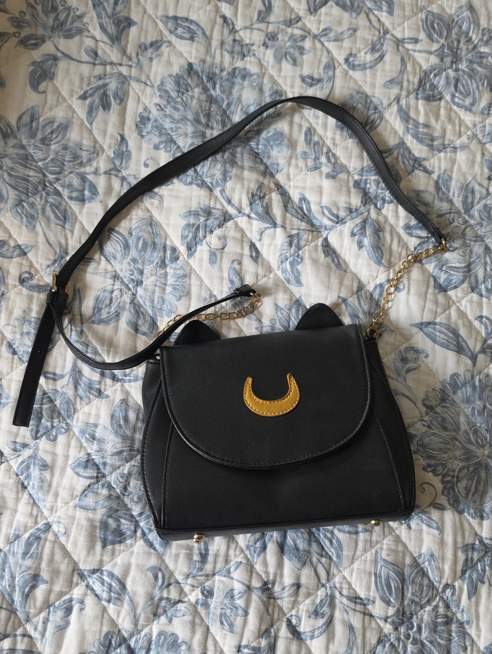 Black Sailor Moon Crossbody Bag with Gold Crescent Accent